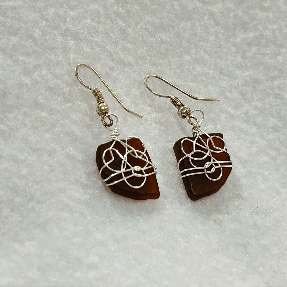 Handcrafted Silver and Brown Wire-Wrapped Earrings